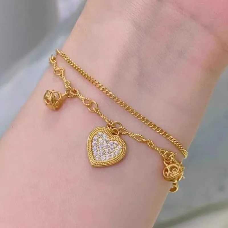ANENJERY Gold Color Heart Zircon Pendants Bracelet Double Layer Chain Charm Valentines Day Jewelry Gifts For Women rsXJ241214