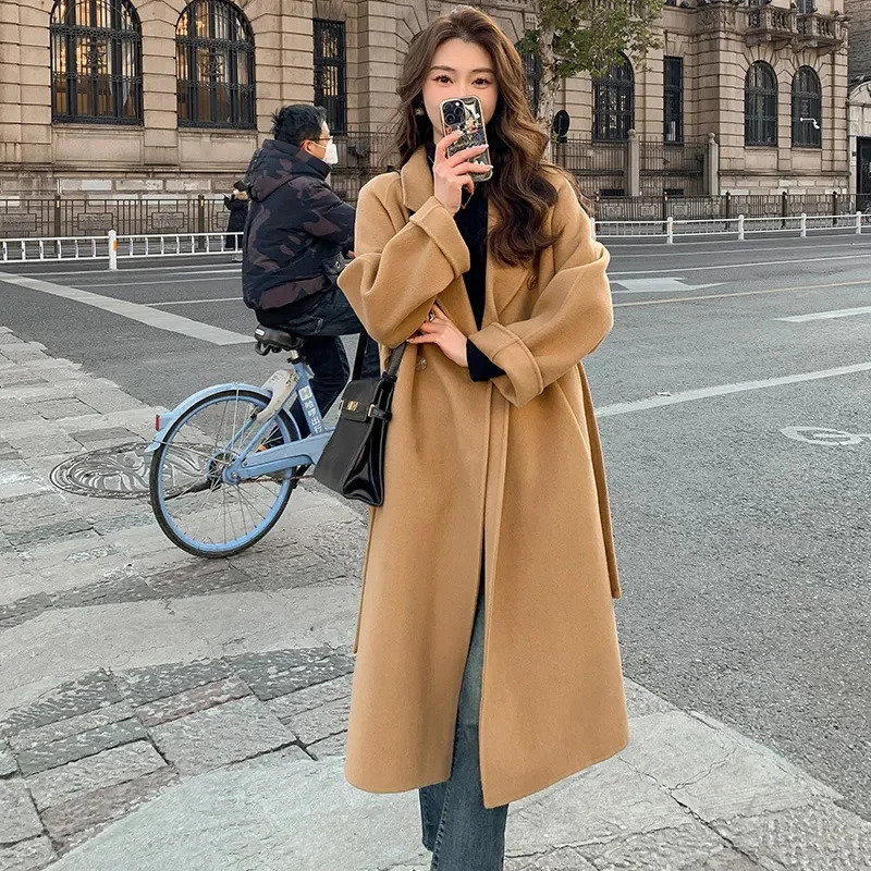 Black Double sided wool Coat Womens Autumn Winter Korean version Loose Lace up Woolen Coats Female Slim Long Overcoat 241214