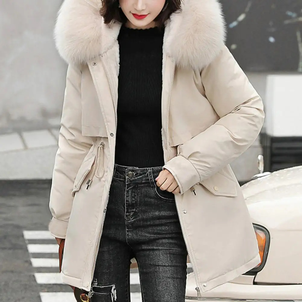 Womens hooded winter jacket with faux fur collar warm and stylish zipper clre suitable for autumn 241212