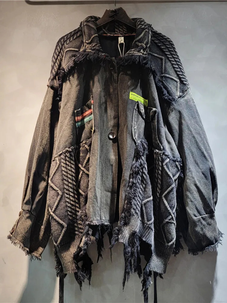 DEAT Womens Denim Coat Patch Work Knitted Wash Black Gery Irregular Old Loose Jacket 2025 Spring Fashion 29L8172 241211