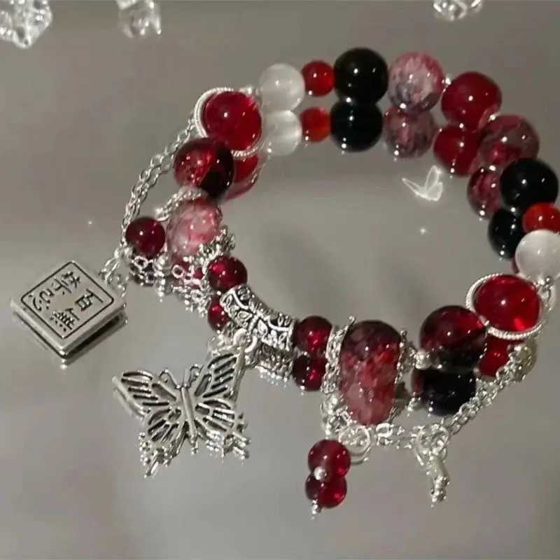 Chinese Style Red Crystal Feather Cross Pendant Bracelet For Girls Women Vintage Elastic Beaded Chain Bracelet Jewelry GiftsXJ241214