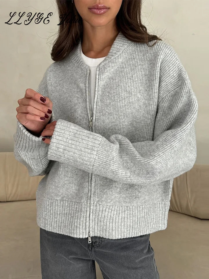 Casual Knit Solid Women Cardigan O Neck Slim Full Sleeve Zipper Lady Sweater 2024 Autumn Winter Female Overcoat 241214