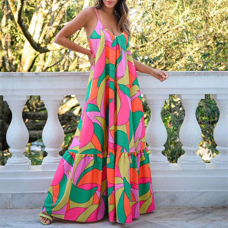 Summer European And American Foreign Trade New Commuting French Long Skirt Deep V-Neck Bareback Strap Style Printed Dress