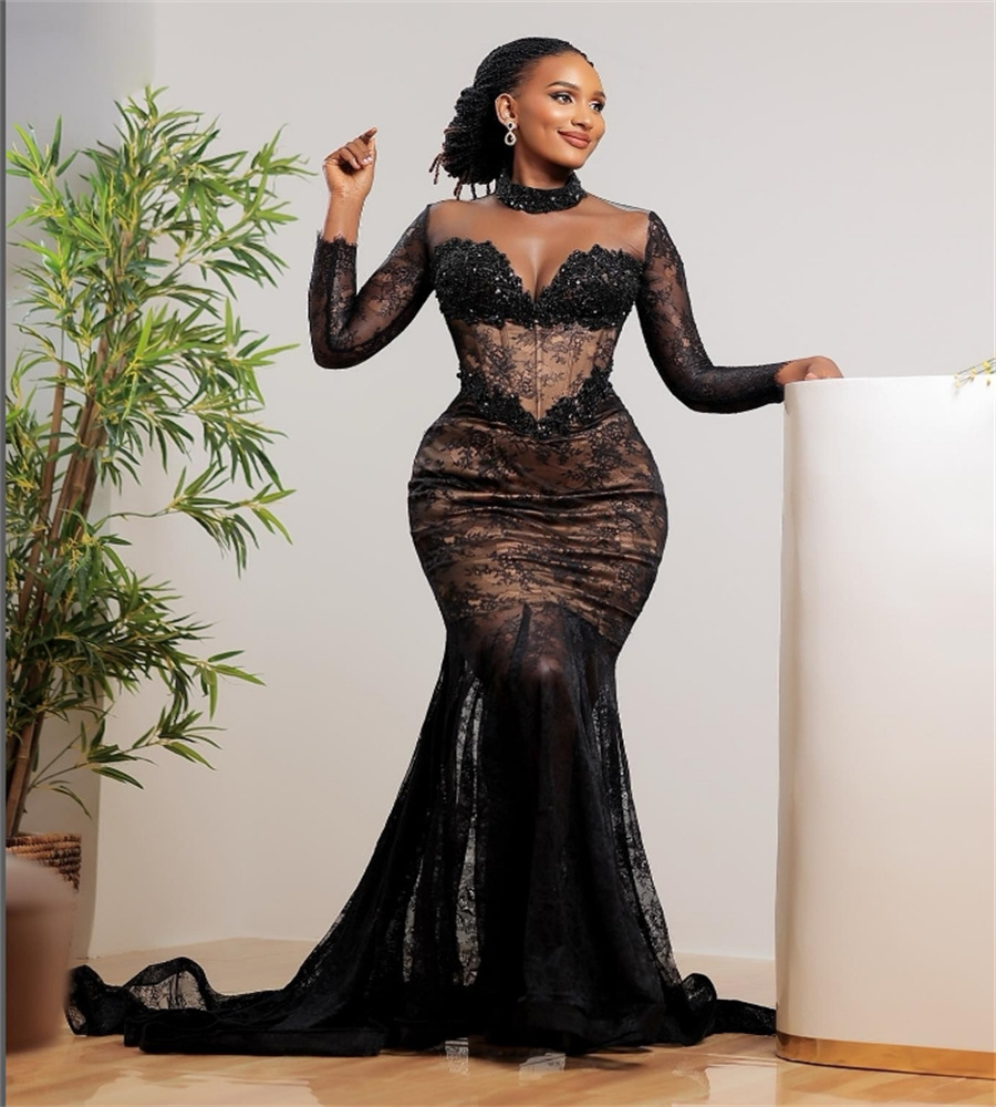 Elegant Mermaid Black Evening Dress For Black Women Long Sleeve Lace Plus Size Prom Dress 2025 Aso Ebie Open Back Formal Occasion Birthday Party Gowns