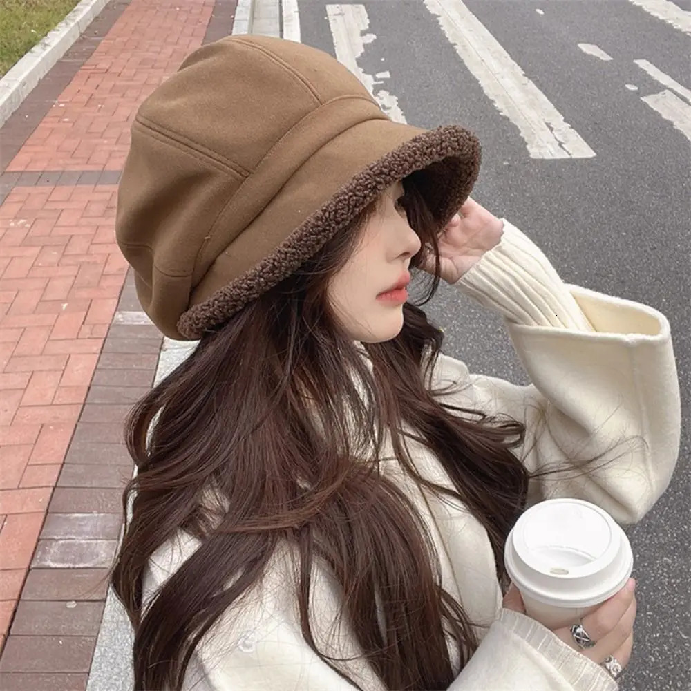 Winter Hats for Women Suede Bucket Hat Plus Velvet Lamb Hair Caps Outdoor Warm Thick Beret Wide Brim Windproof Cap Thick Hats 241214