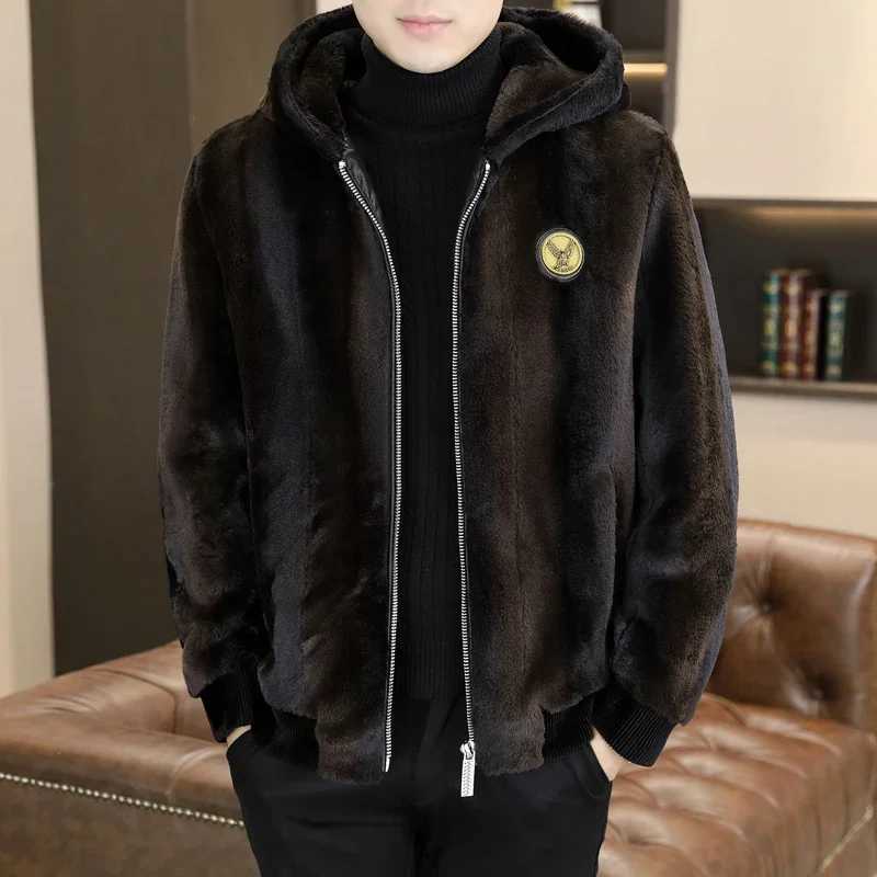 Luxury retro winter hooded faux fur mink jacket for men warm and casual business simulation fur coat office social mens clothing W241213
