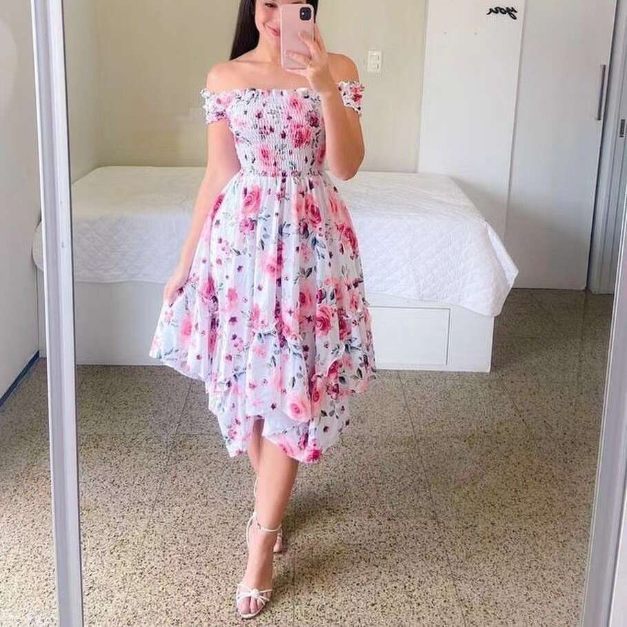 Cross Border One Collar Asymmetrical Off Shoulder Short Sleeved Digital Printed Dress From Europe And America