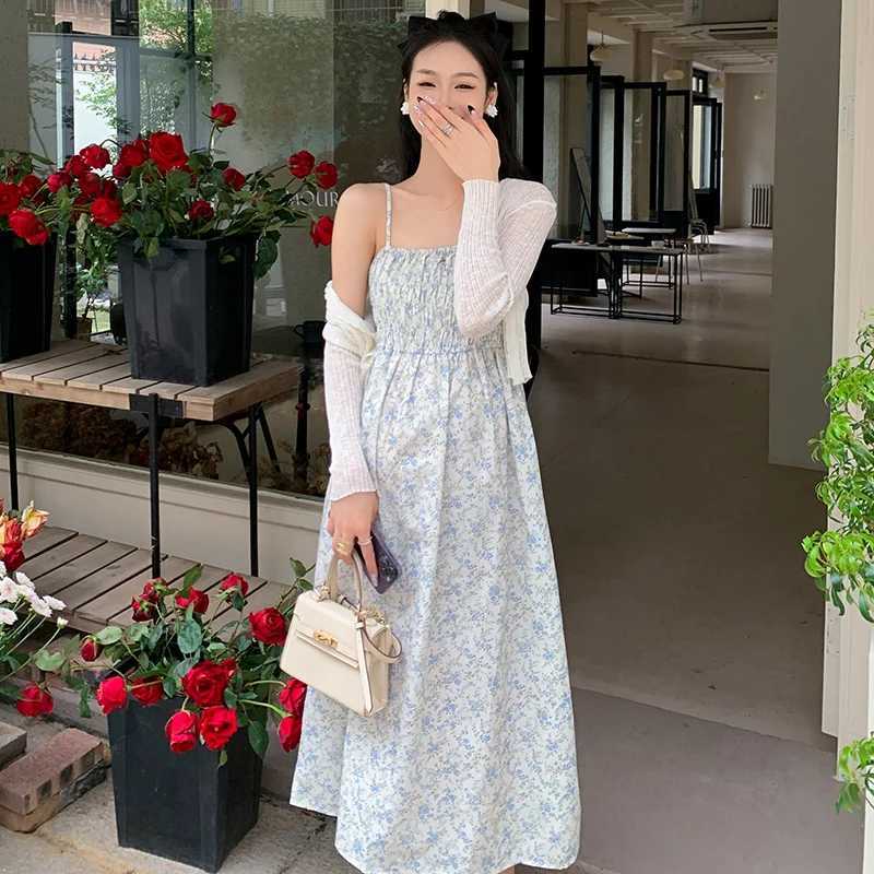 Materni Summer Floral Dress Sleeveless High Waist Stretched Pregnant Woman Strap Dress Elegant Pregnancy Chiffon Beach DressesXJ241213