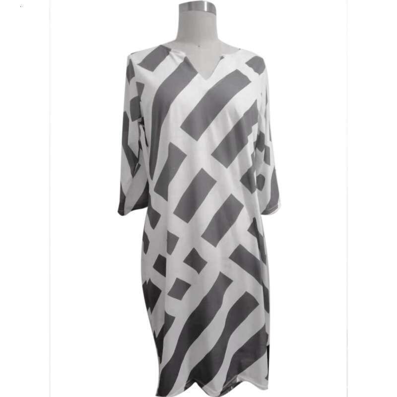 New hot selg fashion V-neck striped printed mid sleeve A-e bamboo en dress 2024 new style chic and elegant clothing
