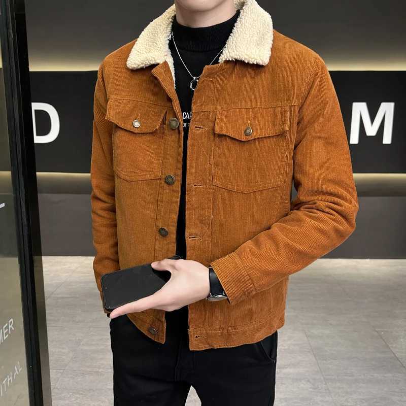 Casual 2024 Autumn Mens Thicken Corduroy Fleece Jackets Outwear Solid Color Warm Plush Coat Slim Fit Lamb Fur Top Padded Parkas W241213