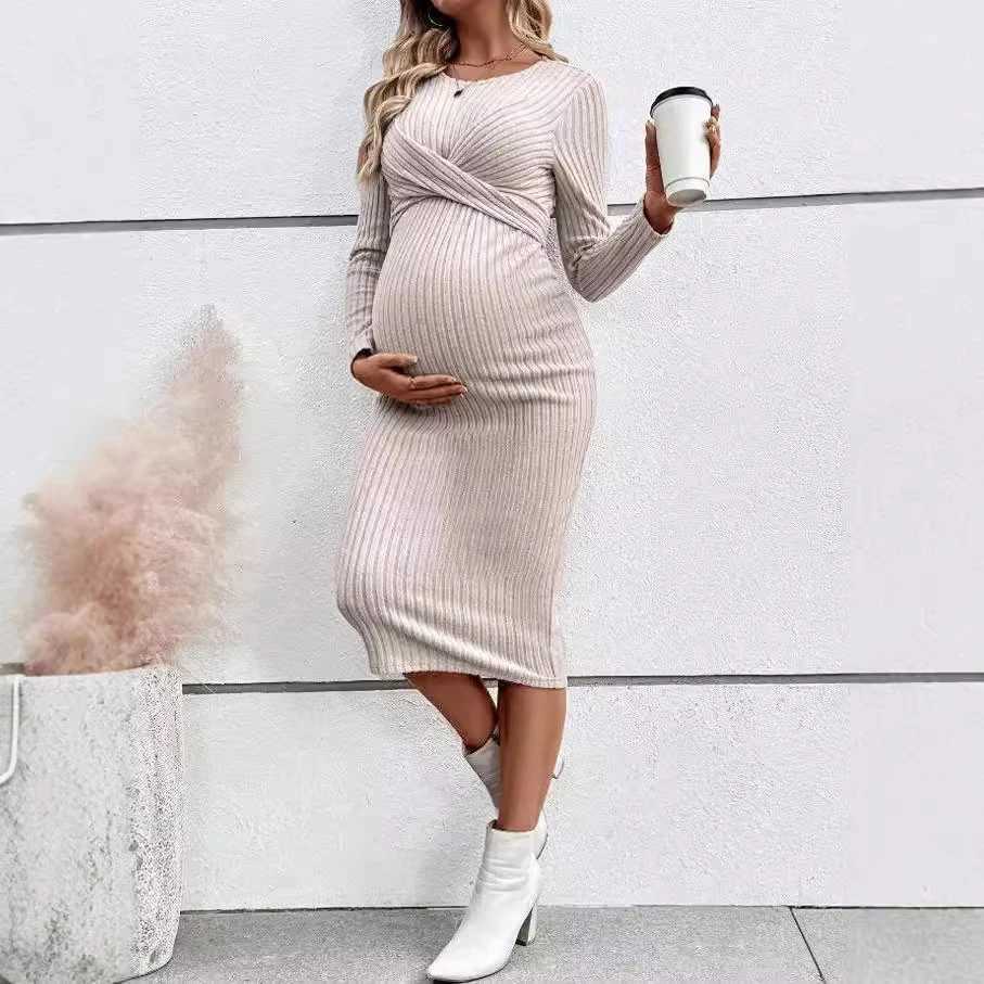 Materni Dress Fashion Pregnancy Clothes Long Sleeve Temperament Slim Solid Color Knit Maternities Dresses One-piece SkirtXJ241213