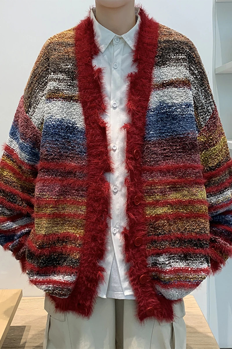 Autumn Japanese Loose Oversize Cardigan Sweater Male Korean Fashion Casual Contrast Color Mens Knit Winter Coats G106 241209