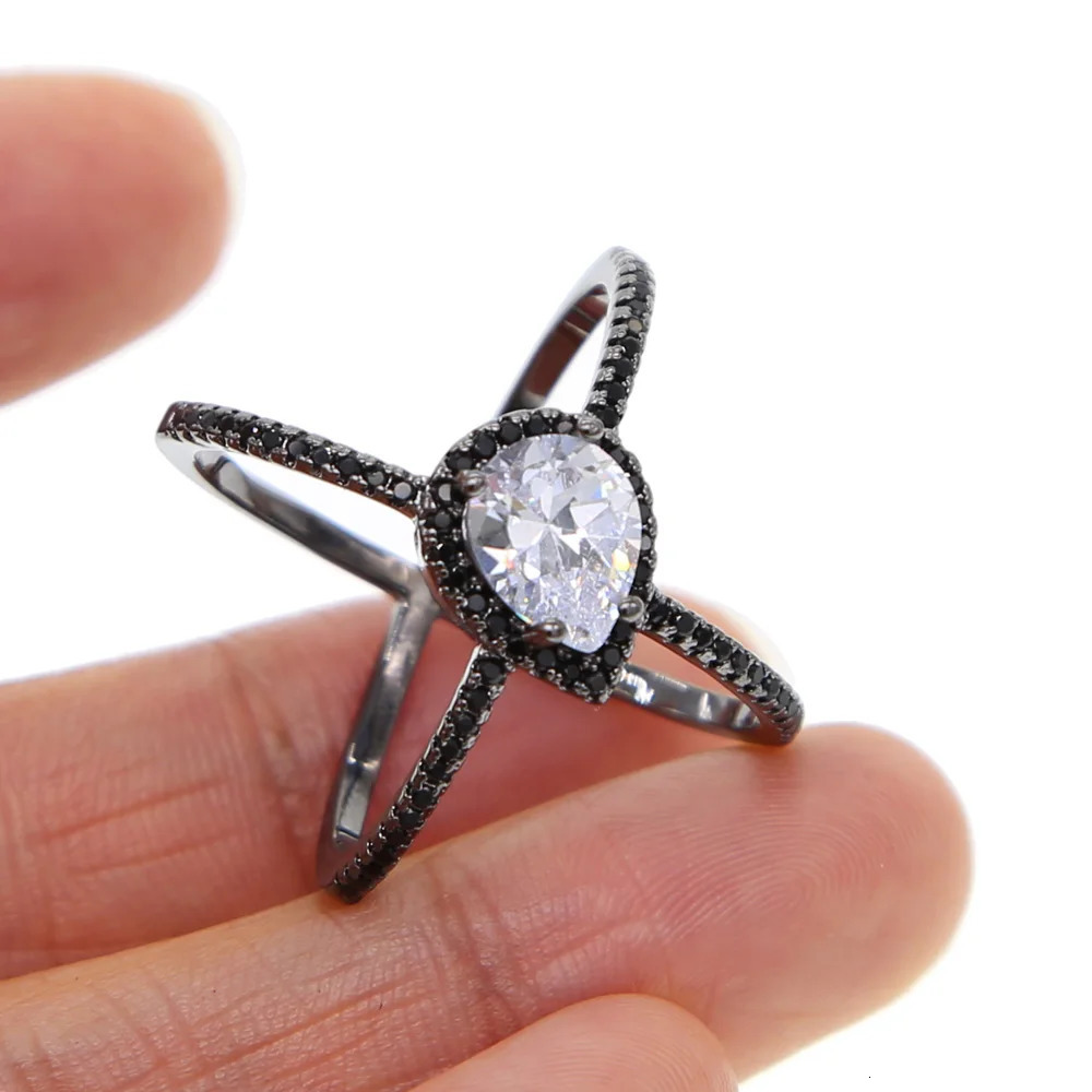 black gold tear drop shape black cz color Cross classic wedding engagement big stone women full finger ring ladies gift 241214