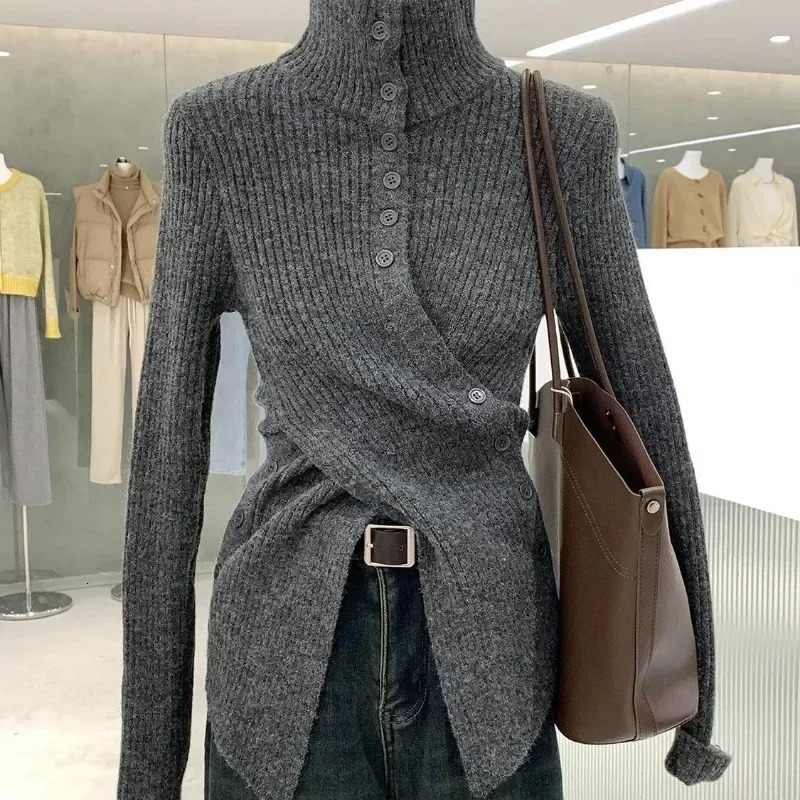 Korean Chic Elegant Slim Fit Cardigan Cross Button Simple Long Sleeve Turtleneck Sweaters 2024 Autumn Allmatch Solid Jumper 241214