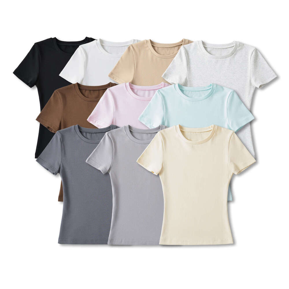Kardashian's short sleeved T-shirt for women's summer solid color round neck base, slim fit and slimming top, 2024 versatile new trendy clot