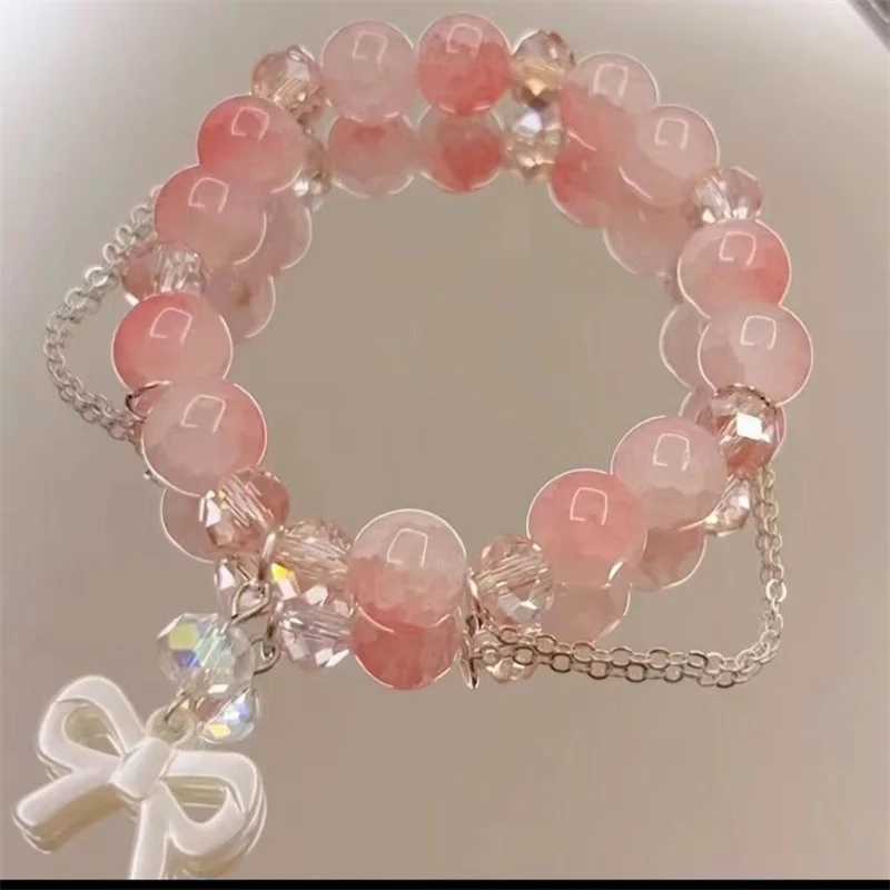 Sweet Pink Crystal Beads Bracelets for Women Girls Korean Fashion Bow Pendant Tassel Chain Bracelets Summer Jewelry AccoriesXJ241214