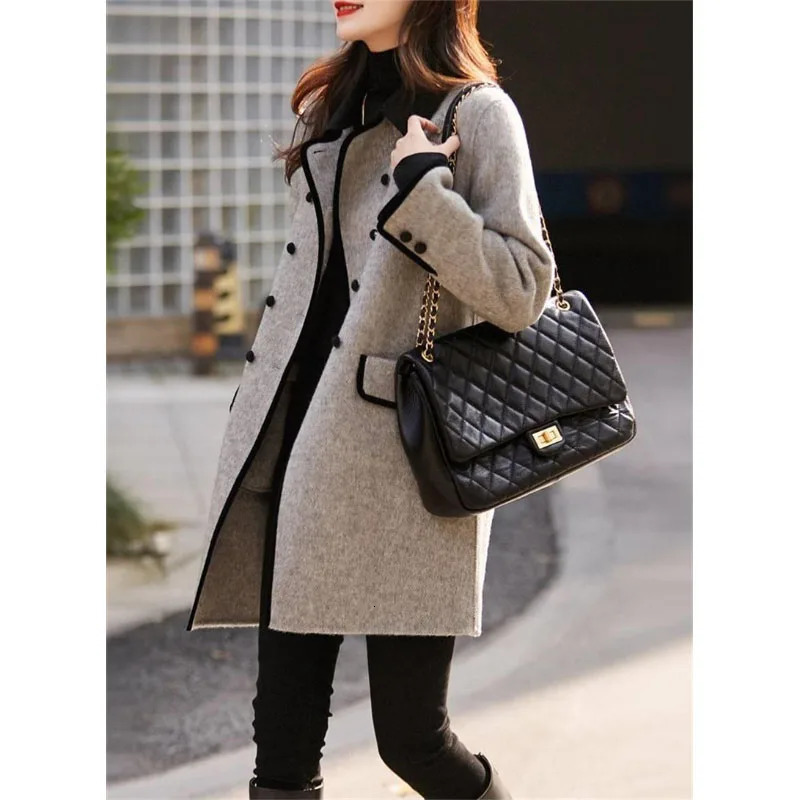 High Quality Woolen Coat Female Autumn Winter Fashion Korean Slim Casual Versatile Style Contrast Color Wool Overcoat Women 241214