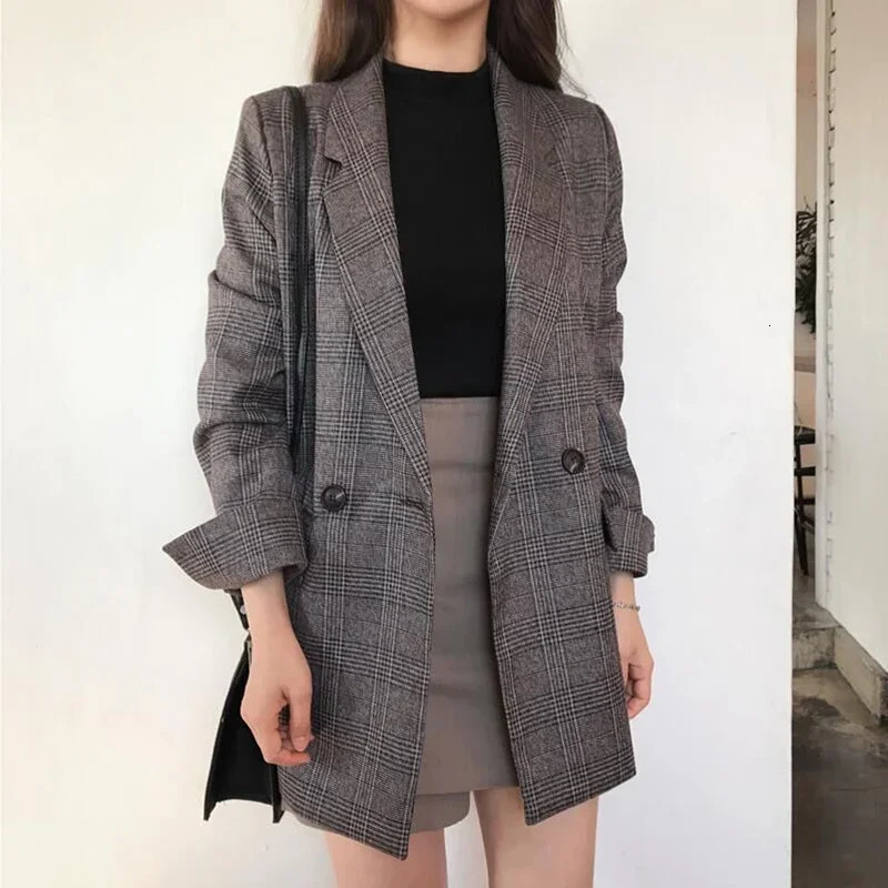 Women Winter Plaid Blazers Coats Korean Fashion Elegant Solid Thick Jacket Female Double Breasted Office Lady Long Overcoat 241209