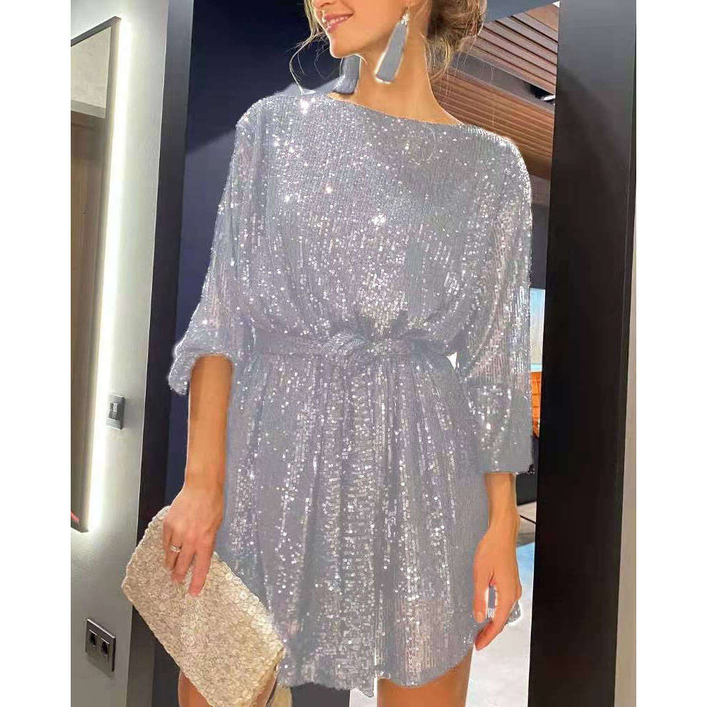 New European And American Holiday Party Fashion Sequin Bead Color Waist Cinching Small Dress