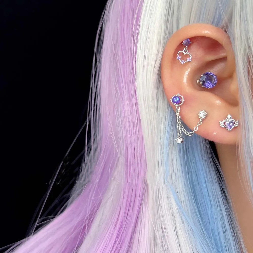 1PC Purple Zircon Helix Piercing Harajuku Girl Earring Cartilage Ear Stud Flat Conch Piercing Body Jewelry Korean Fashion 241214