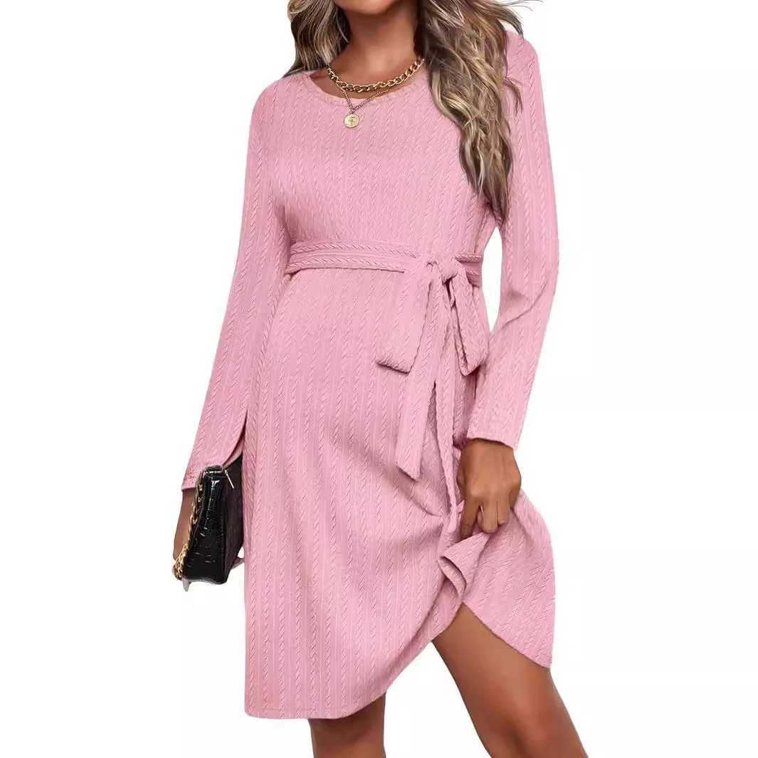 American Sle Fashion Materni Dress Ties Waist Autumn Winter Long Sleeve A Line Clothes for Pregnant Women Youth PregnancyXJ241213