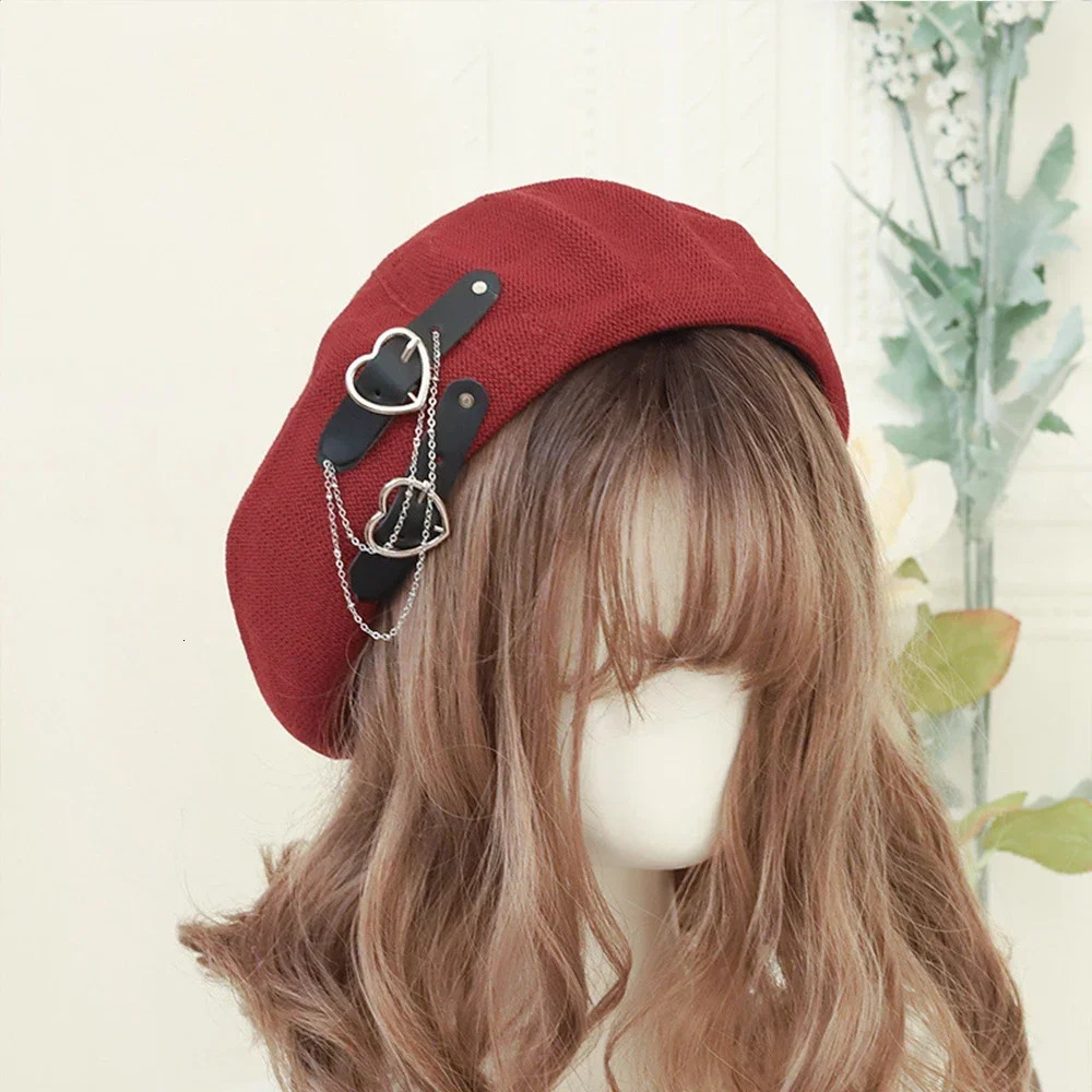 Japanese Beret Harajuku Y2 Fashion Lolita Hat JK Girls Cute PU Chain Heart Love Wool Kawaii Womens Accessories 241210