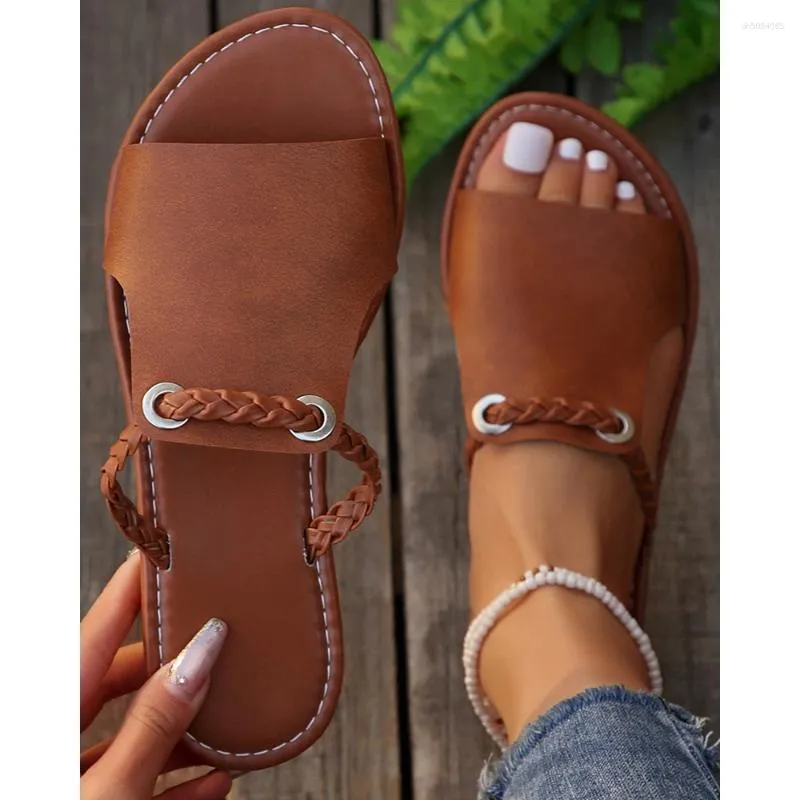 Slippers Fashion Eyelet Braided Strap Peep Toe Going Out Beach Flats Summer Pu Sandals Shoes zhanyishengli