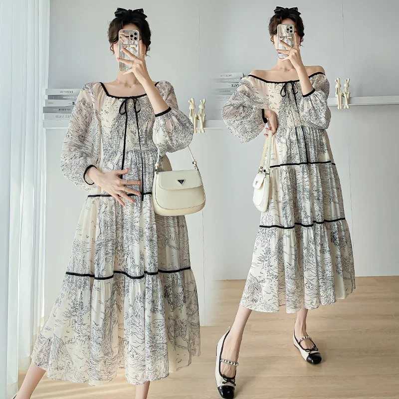 2024 Spring Autumn Materni A-line Dress Plus Size Shoulderless Pregnant Woman Chiffon Dress Vintage Printing Pregnancy DressesXJ241213