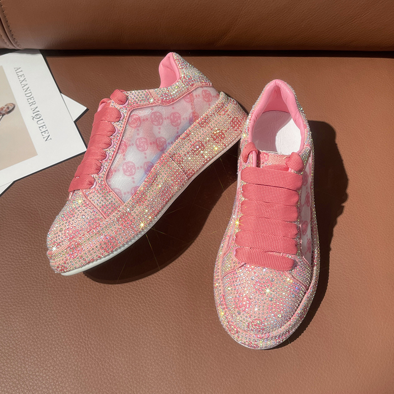 Full Diamond Thick Bottom Designer Casual Shoes with Lace up Women's Fashion Sports Shoes Pink Printed Women's Luxury Flat Shoes High Qualit