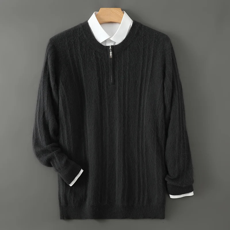 Pure mink cashmere sweater mens knitted pullover long sleeve Autumnwinter coat half zip wide striped crew neck top 241209