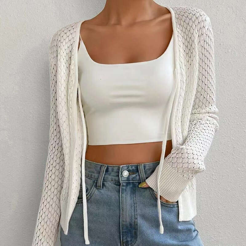 European and American 2024 women's clothing new autumn high-end texture lace up hollow long sleeved knitted sweater cardigan jacket for women
