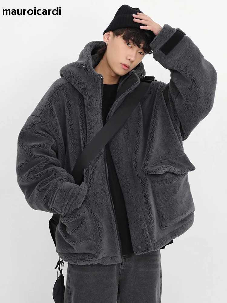 Mauroicardi Winter Thick Warm Dark Grey Sherpa Jacket Mens Hooded Zipper Fluffy Casual Sheepskin Coat 2022 W241213