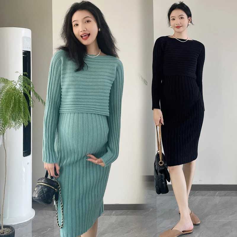 8040# Autumn Winter Knitted Materni Sweaters Dress Thick Warm Cover Sling Dress Sets Clothes for Pregnant Women Hot PregnancyXJ241213