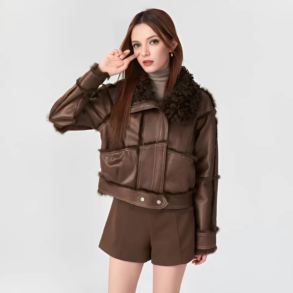 2014 Spring Womens Retro Short Artificial Leather Coat Clothing Motorcycle Zipper Sheepskin Jacket Long Sleeve Collar 241210