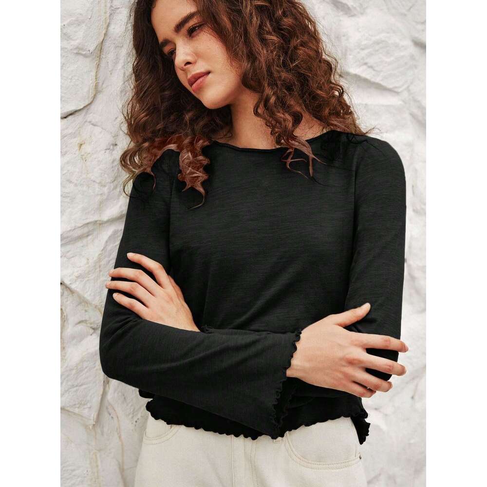 2024 early autumn top with European and American style round neck, black fungus edge flared sleeves, long sleeved knitted base shirt