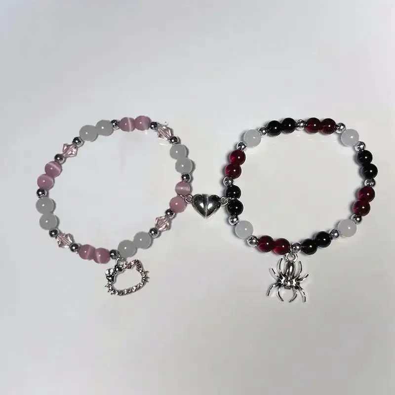 Halloween Spider Hello Cat Beads Charm Bracelets for Women Heart Magnetic Matching Couple Bracelets Girls Festival Jewelry GiftsXJ241214
