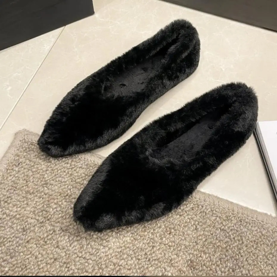 Fashion Pointed Toe Fur Ballet Flat Woman Winter Warm Plush Shallow Loafer Ladies Concise Furry Heeled Dress Shoes Womens Shoes 241213