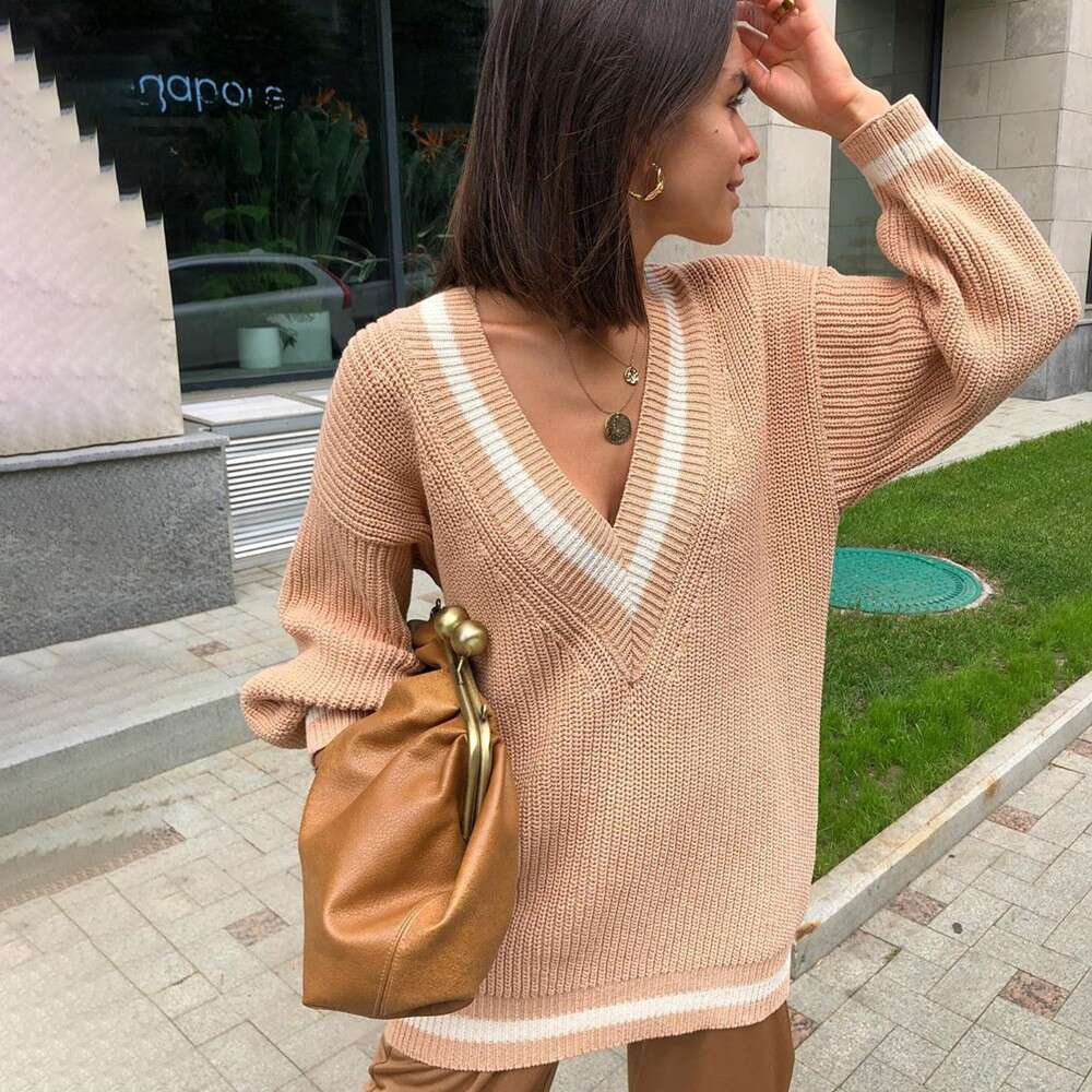European American popular V-neck knitted in spring and autumn fashion, loose fitting sweater for women
