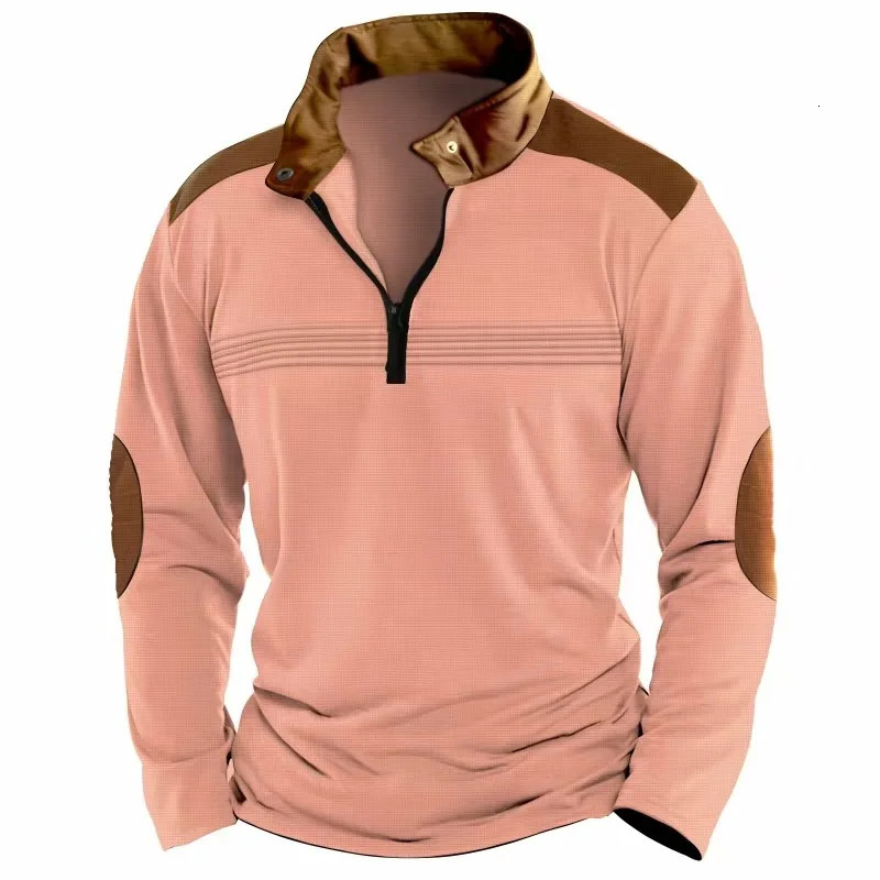 AutumnWinter Fashion Everyday Casual Solid Color Zipper Chest Pleated Stripe Patchwork Comfortable LongSleeved POLO Shirt 241213