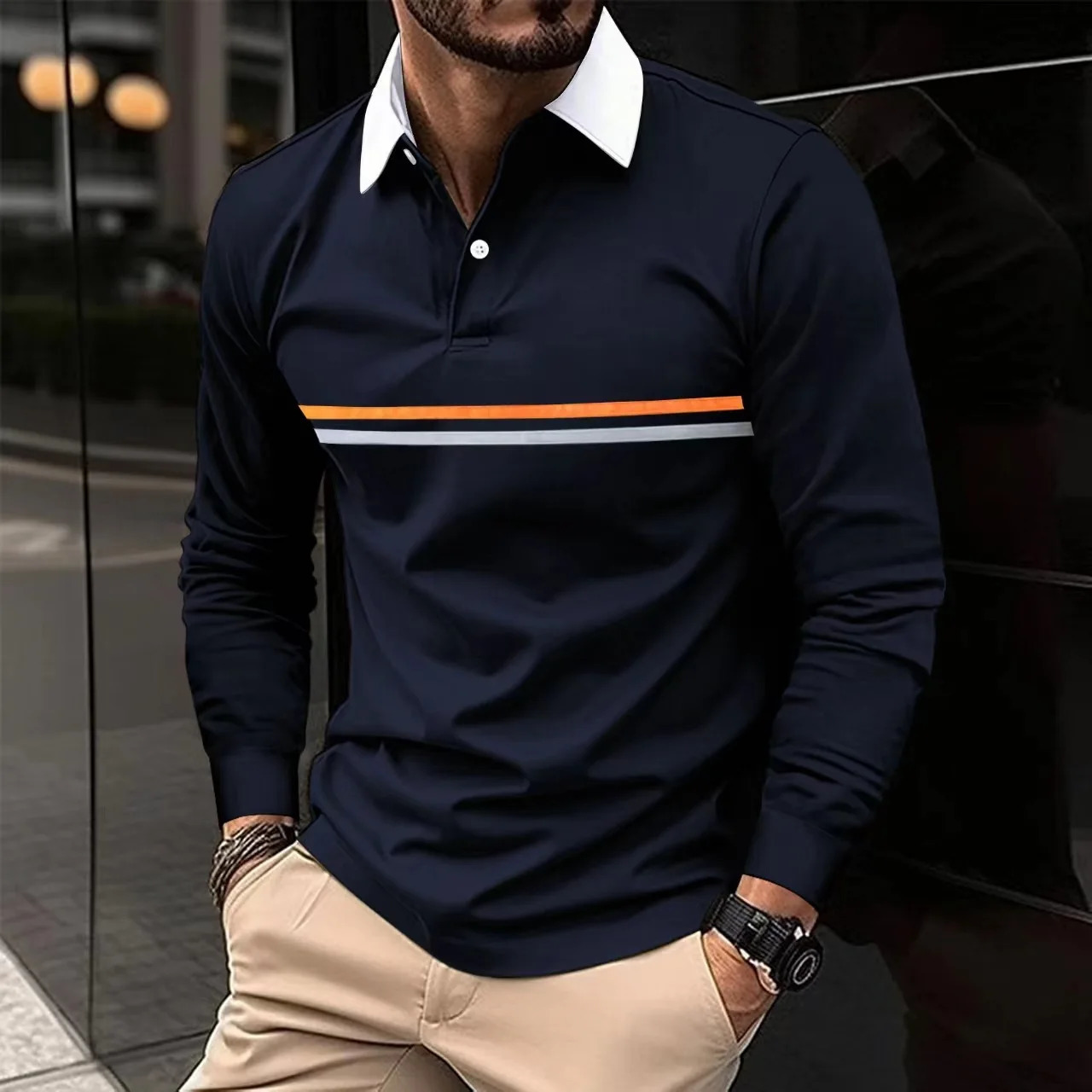 Spring And Autumn Mens Casual Solid Color POLO Shirt Stitching Horizontal Strip Simple n Fashion Slim Classic Style 241213