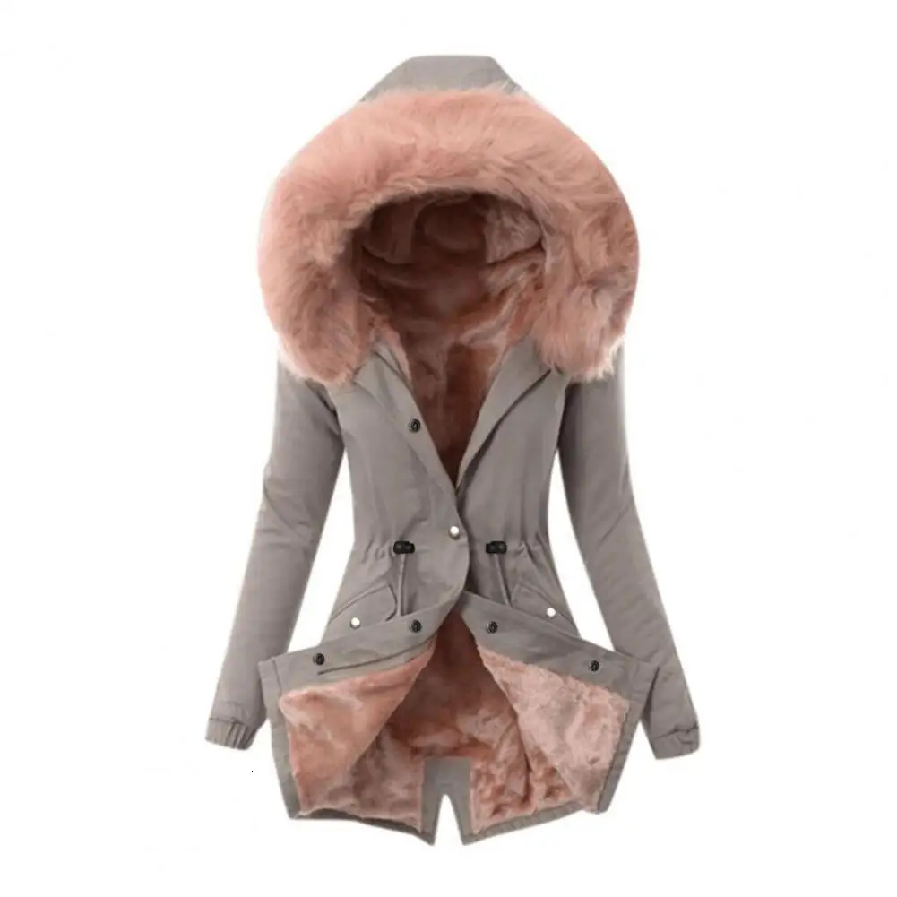 Winter womens cotton blend jacket windproof with fur cap pocket zipper down 241212