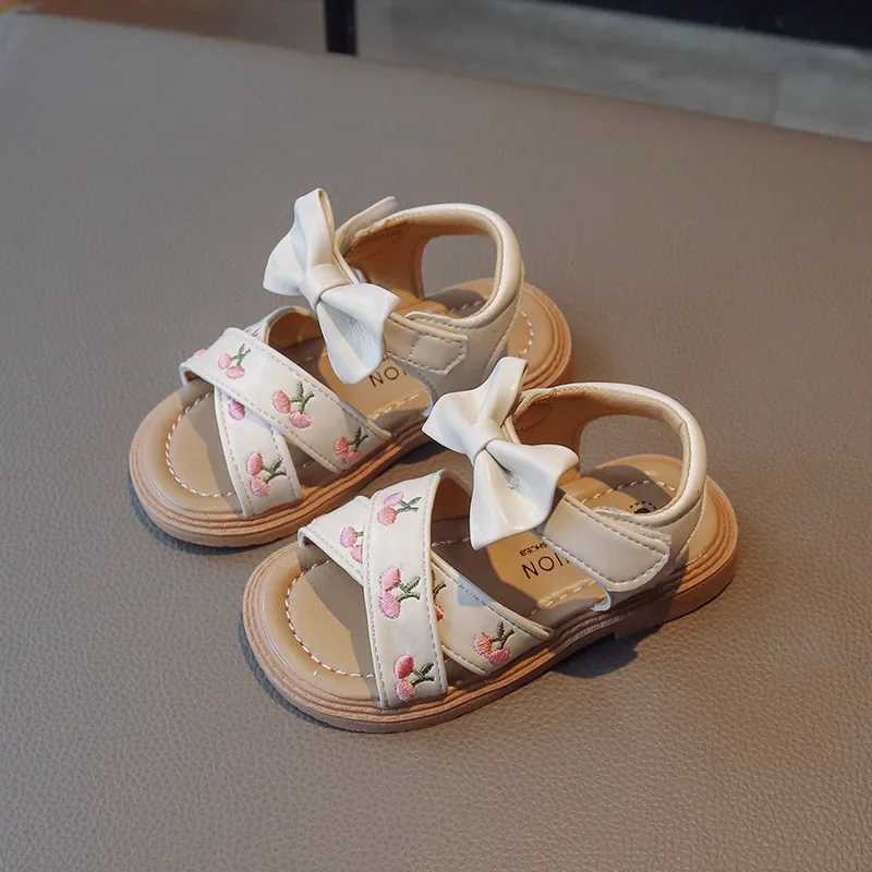 Sandals Summer Sandals for Girls Bow-knot Embroid Flower Children Sliders Green Pink 22-31 Classic All-match Soft Kids Flat Shoes H07051 H241213
