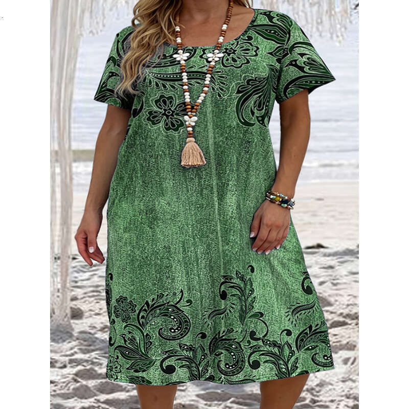 Large size women's loose 3D printed pocket dress 2024 new style chic and elegant clothing