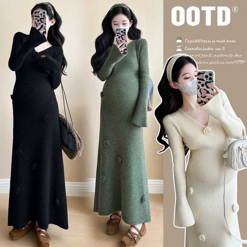 Materni Fall Vintage Flower Dress Pregnant Woman Fashionable V-neck Knit Dress With Flower Long Sleeve Dress Pregnancy WearXJ241213