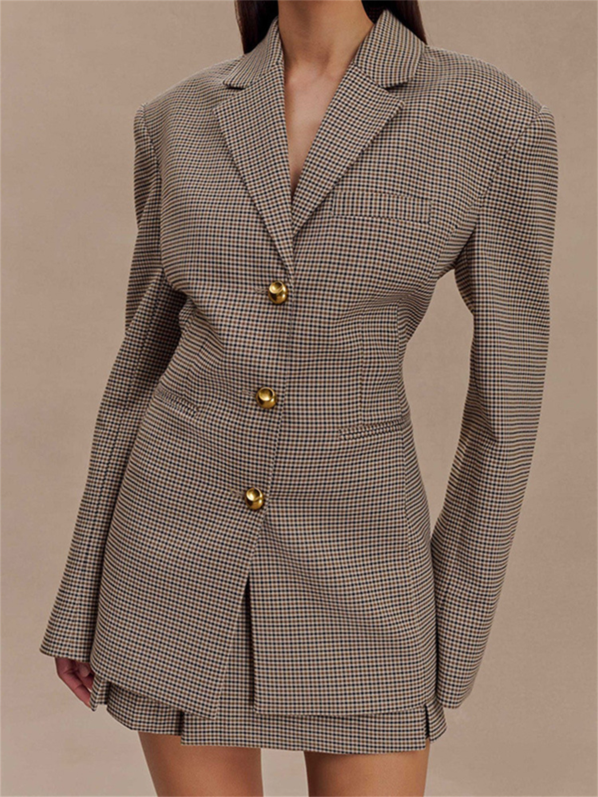Women Fashion Plaid Lapel Coat Long Sleeved Vintage Slim Suit Jacket Single Breasted Fall Spring Coats Office Lady High Street
