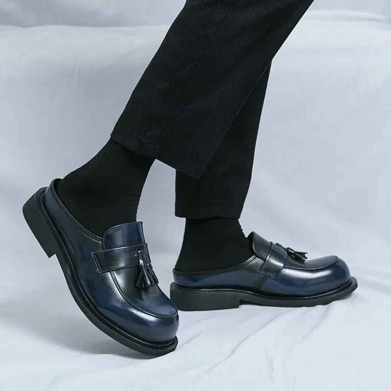 Slippers Fashion Men's Black Blue Tassels Half Driving Shoes Male Casual Mules Moccasins Breathable Loafers atos Hombre