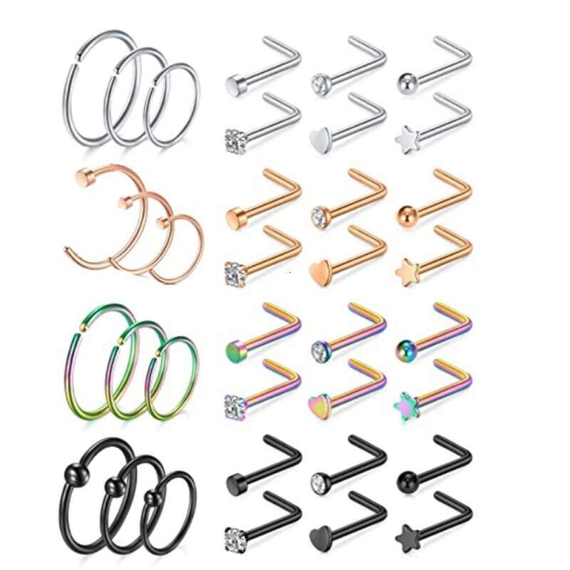 LALAVARA Fashion Nose Studs Nose Rings 12-Piece 30-Piece 24-Piece Set Stainless Steel Ear Studs Piercing Jewelry Nose Accessories