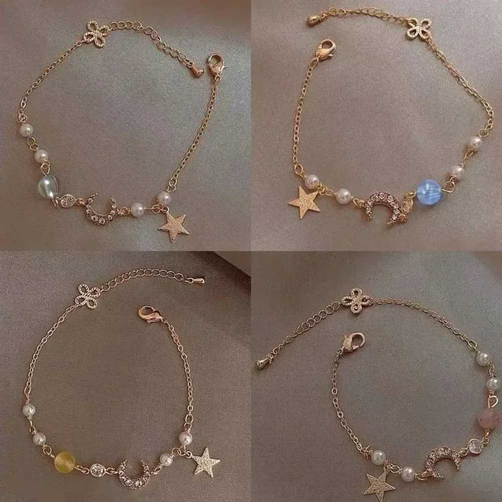 Fashion Women Stainl Steel Star Moon Pearl Simple Crystal Zircon Bracelet Pendant Jewelry Girl Party GiftXJ241214