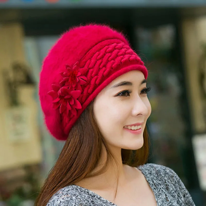 Floral Patchwork Elegant Ladies Knitted Hats Cap Autumn Winter Solid Color Female Fashion Skullies Beret Hat 241214