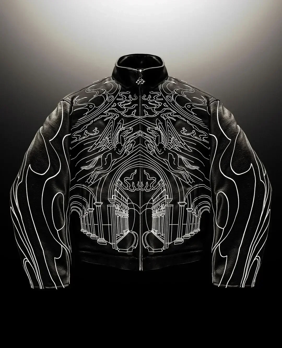 Gothic retro fashion black leather jacket oversized line pattern mens Y2K Harajuku punk long sleeved zipper clothing 241210